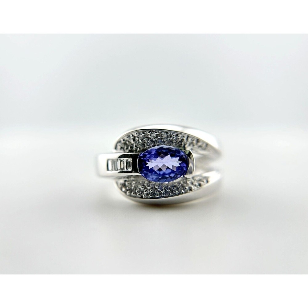 Natural Purple Tanzanite Oval Cut & Round White Diamond Ring in Platinum Size 8